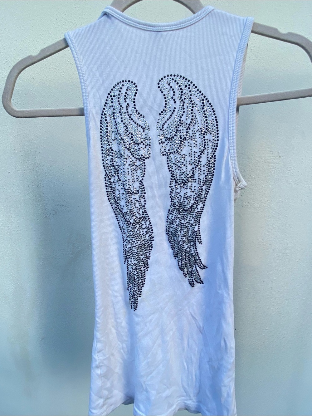 Y2K White Ribbed Rhinestone Angel Wing Tank Top Size Large